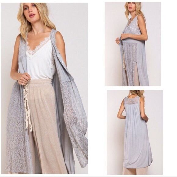 DOVE Grey Lace Detailed Tunic Top w/Cross Cut Slit - Picture 2 of 11
